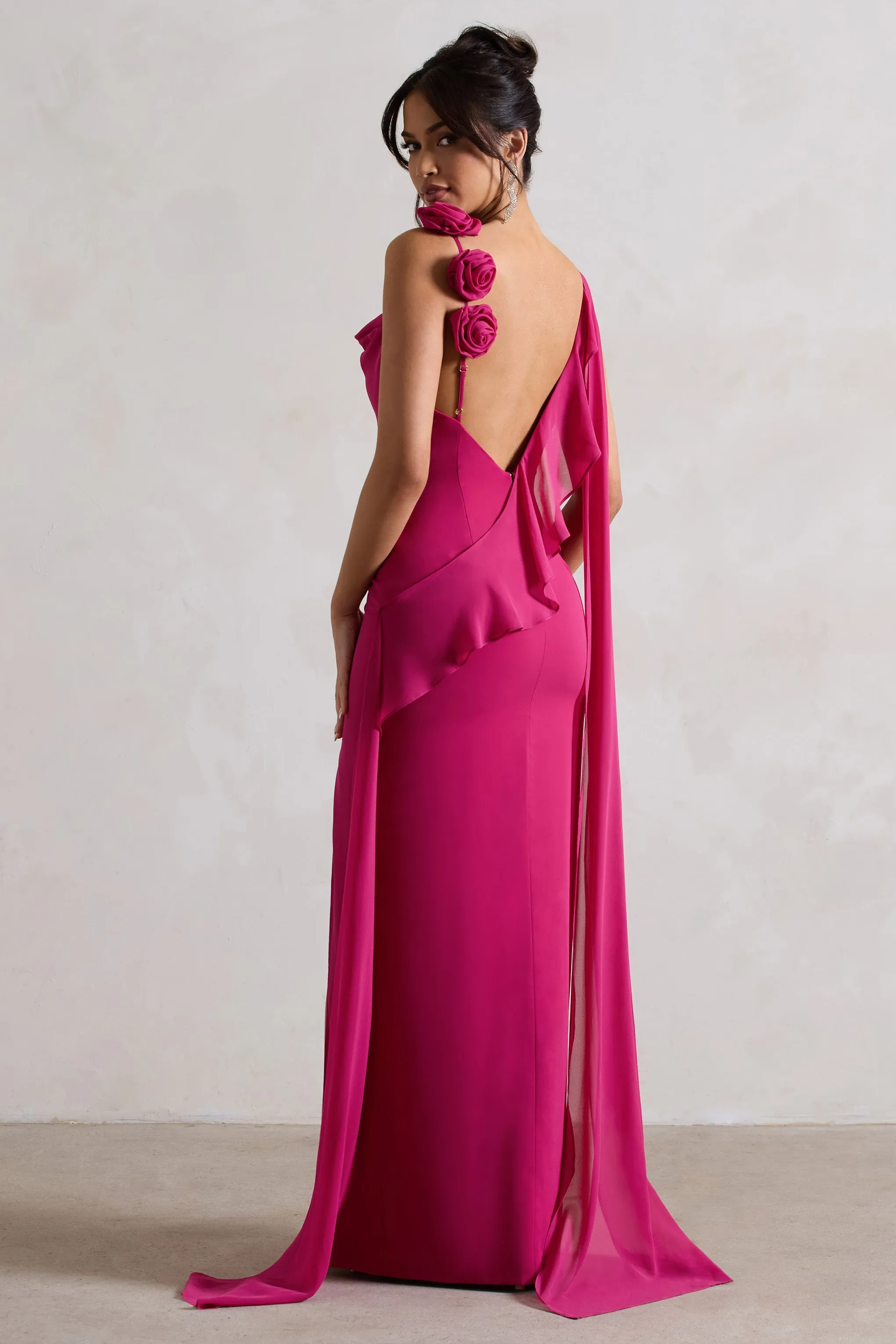 Angeline | Dark Pink Chiffon Draped Split Maxi Dress With Corsages