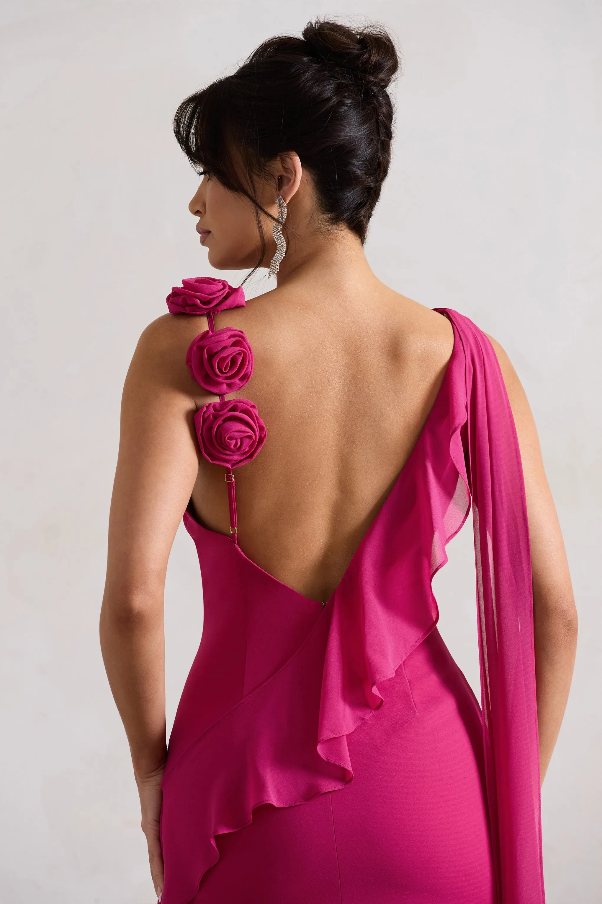 Angeline | Dark Pink Chiffon Draped Split Maxi Dress With Corsages