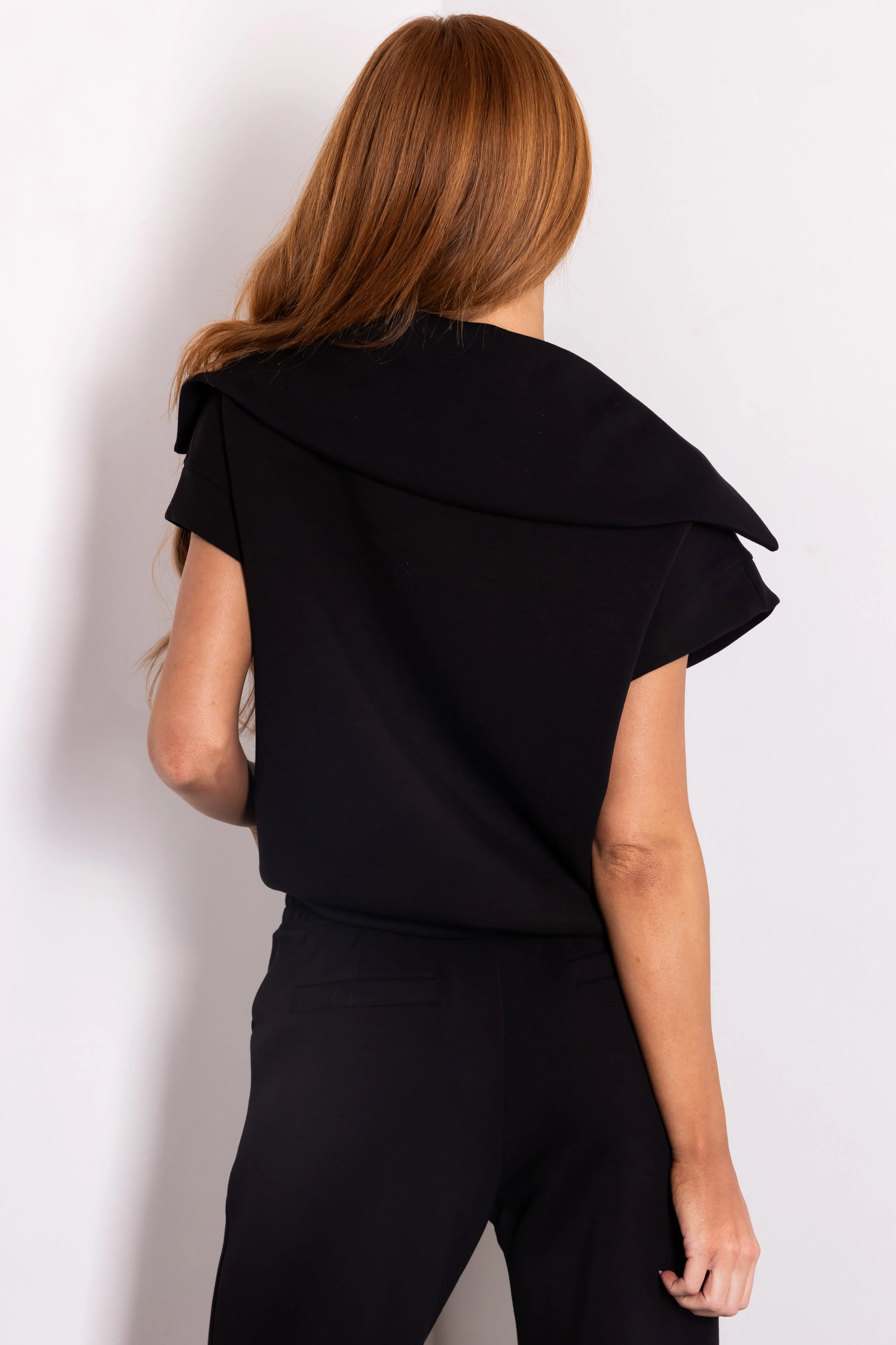 Black Half Zip Up Cap Sleeve Collared Soft Top