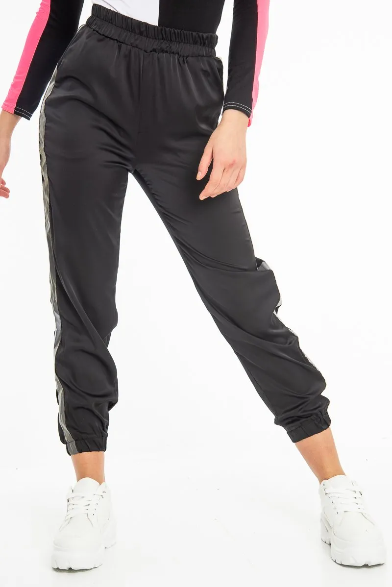 Black Reflective Stripe Detail Joggers - Rosealee