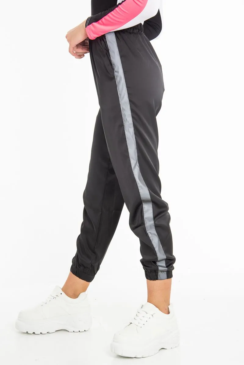 Black Reflective Stripe Detail Joggers - Rosealee