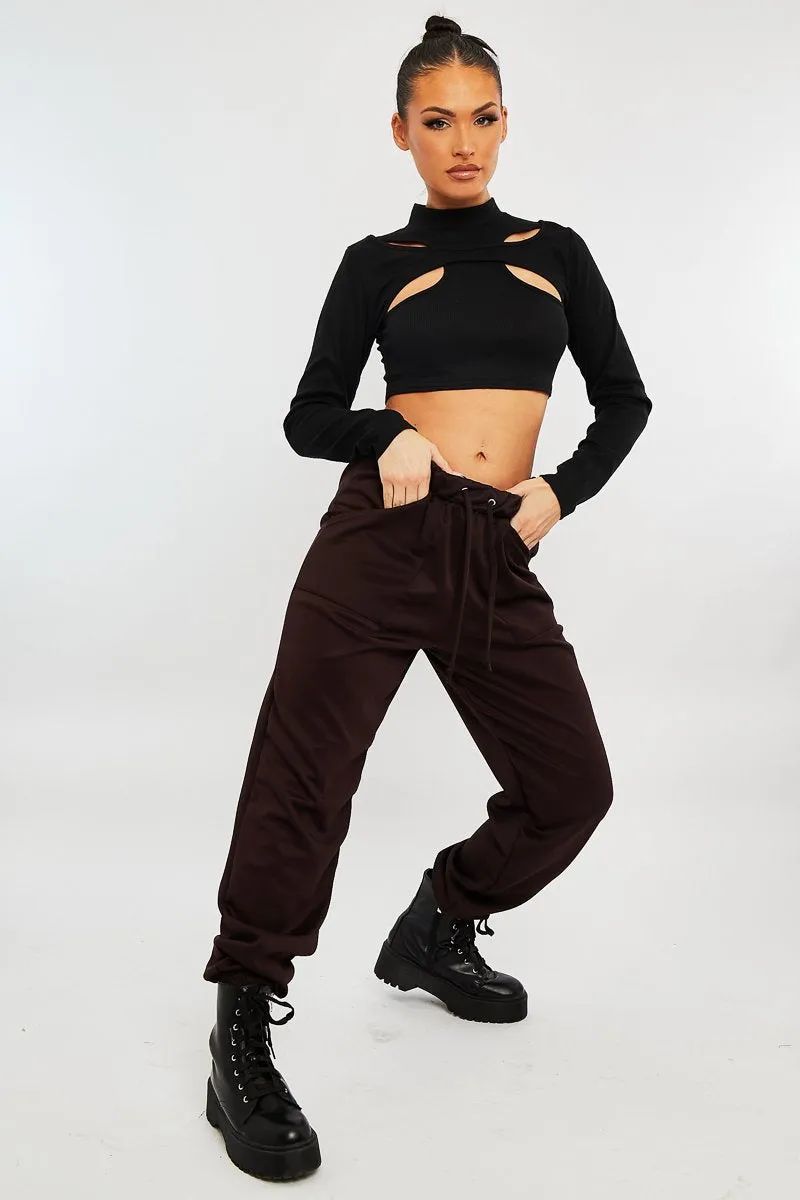 Black Ribbed Double Cut Out Crop Top - Graci