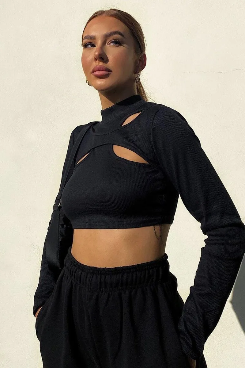 Black Ribbed Double Cut Out Crop Top - Graci