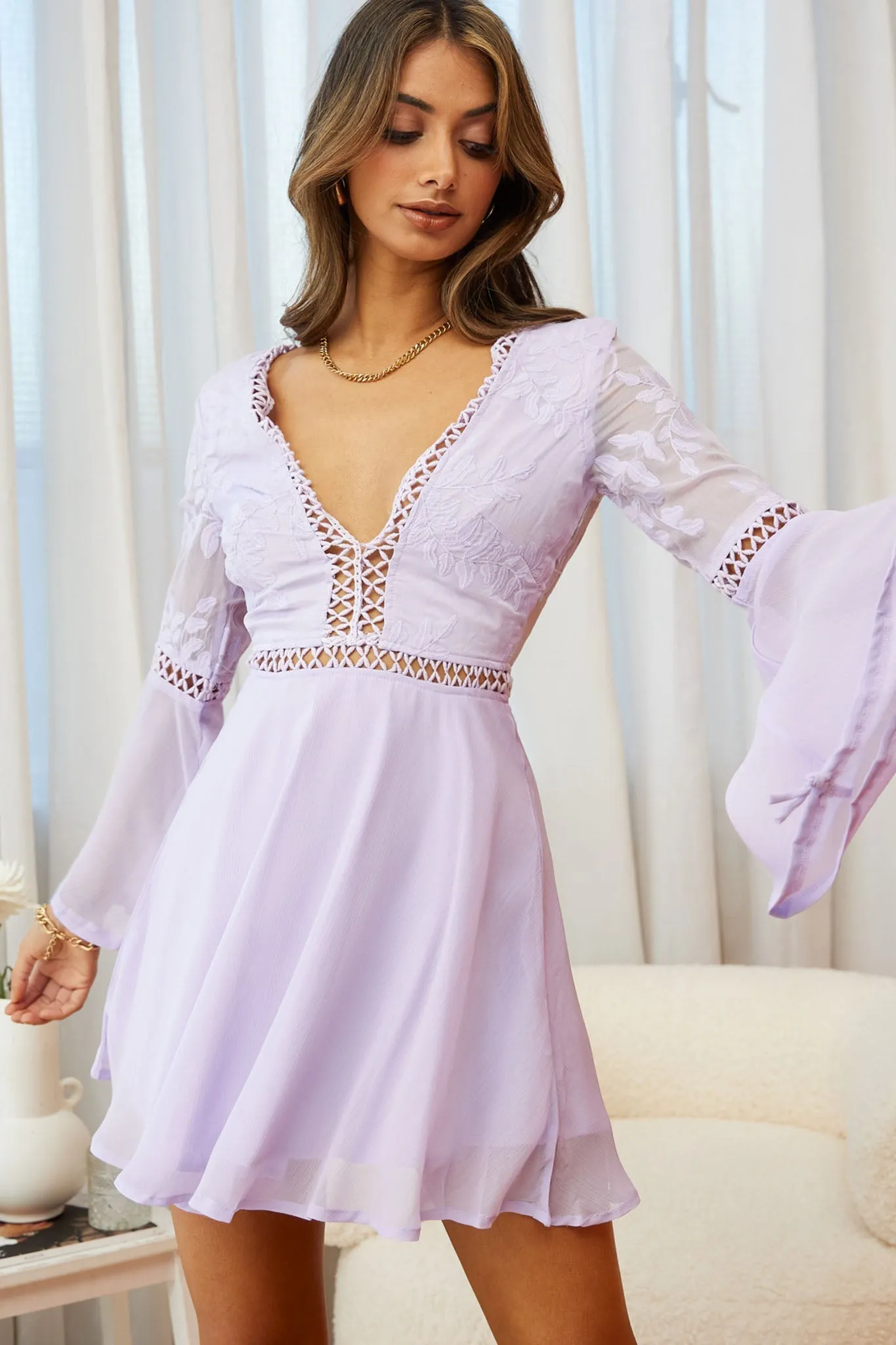 Carson Long Sleeve Crochet Embroidery Detail Dress Lilac