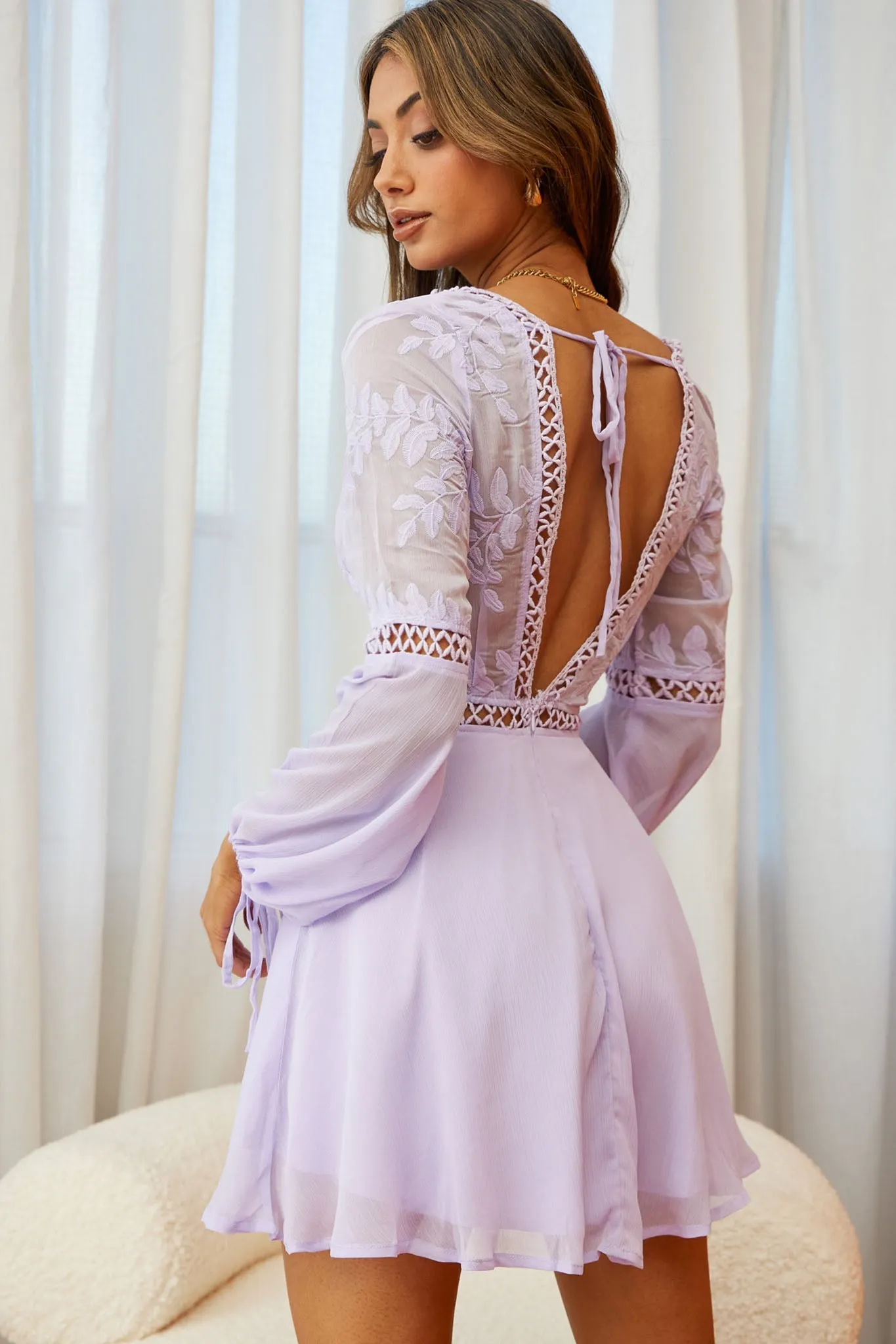 Carson Long Sleeve Crochet Embroidery Detail Dress Lilac