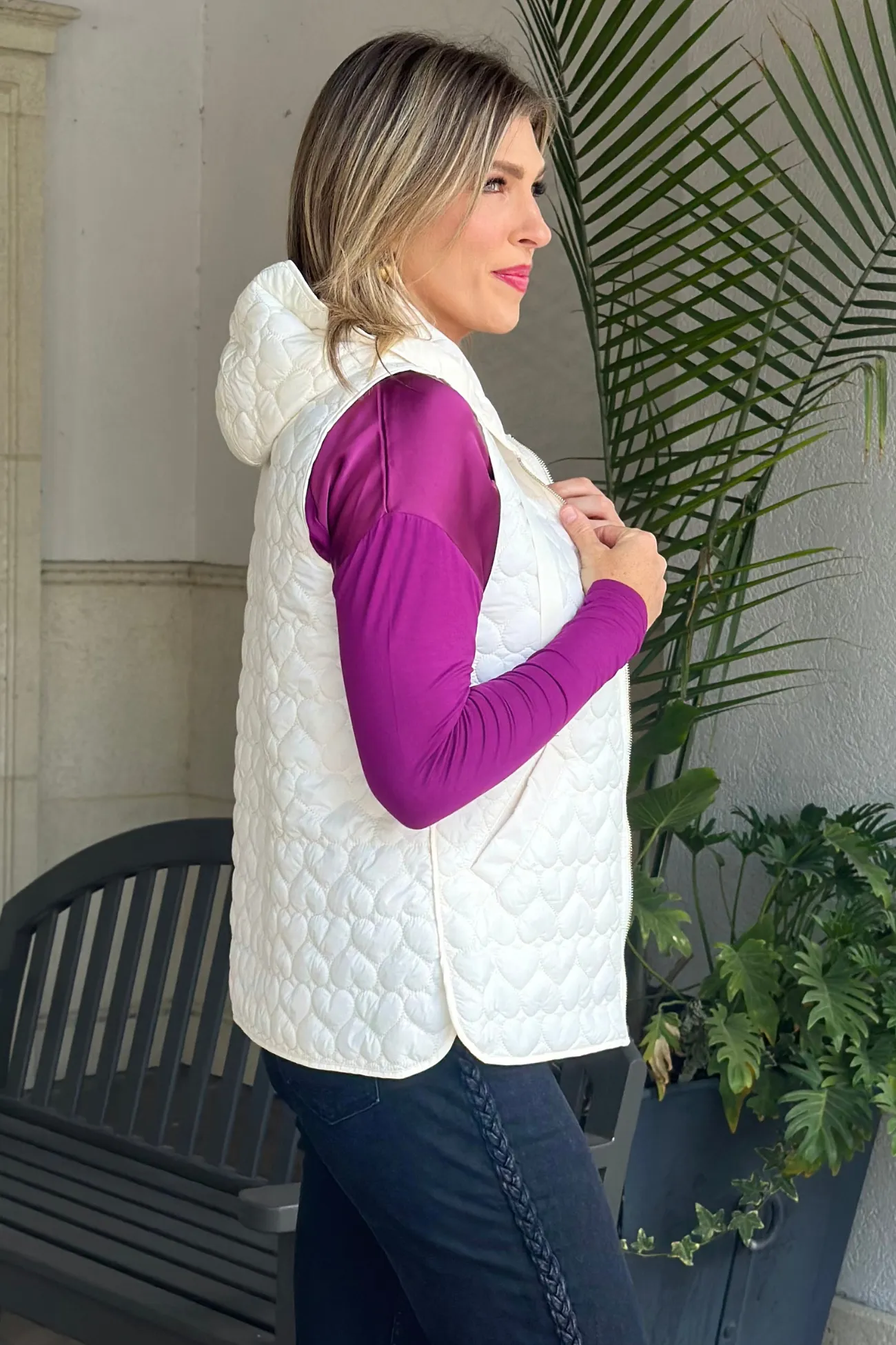 Charlie B Quilted Mini Hearts Vest-Ecru