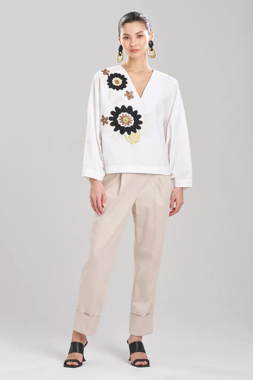 Cotton Poplin Embroidered V-Neck Top