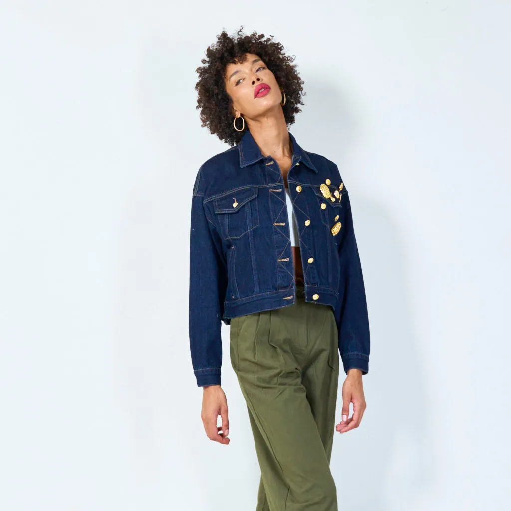 Cropped denim jacket with gold embellishments wholesale