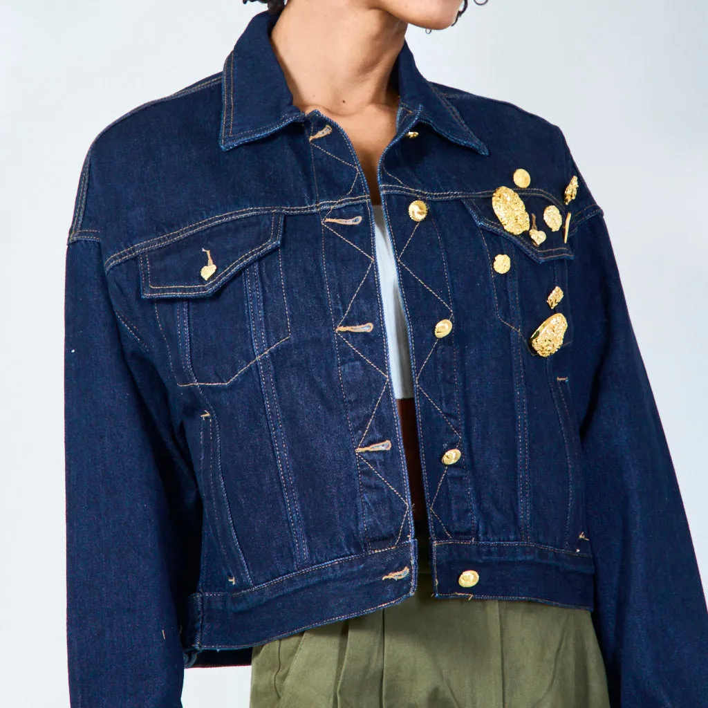 Cropped denim jacket with gold embellishments wholesale