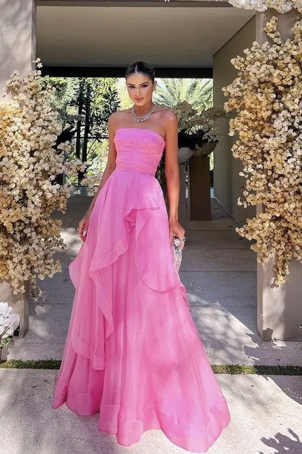 Elegant Strapless Layered Pink Long Prom Dresses