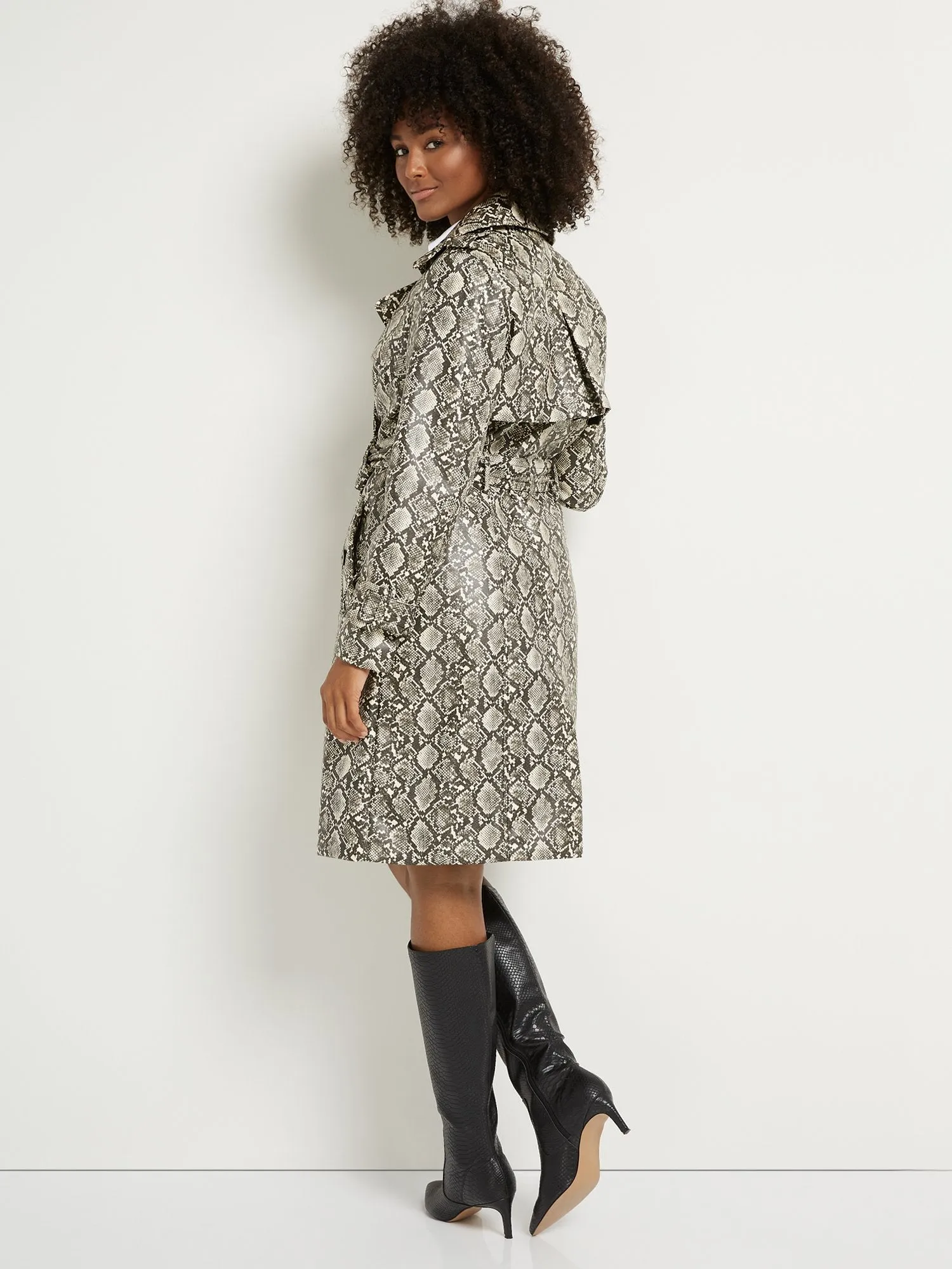 Faux-Leather Snake-Print Trench Coat