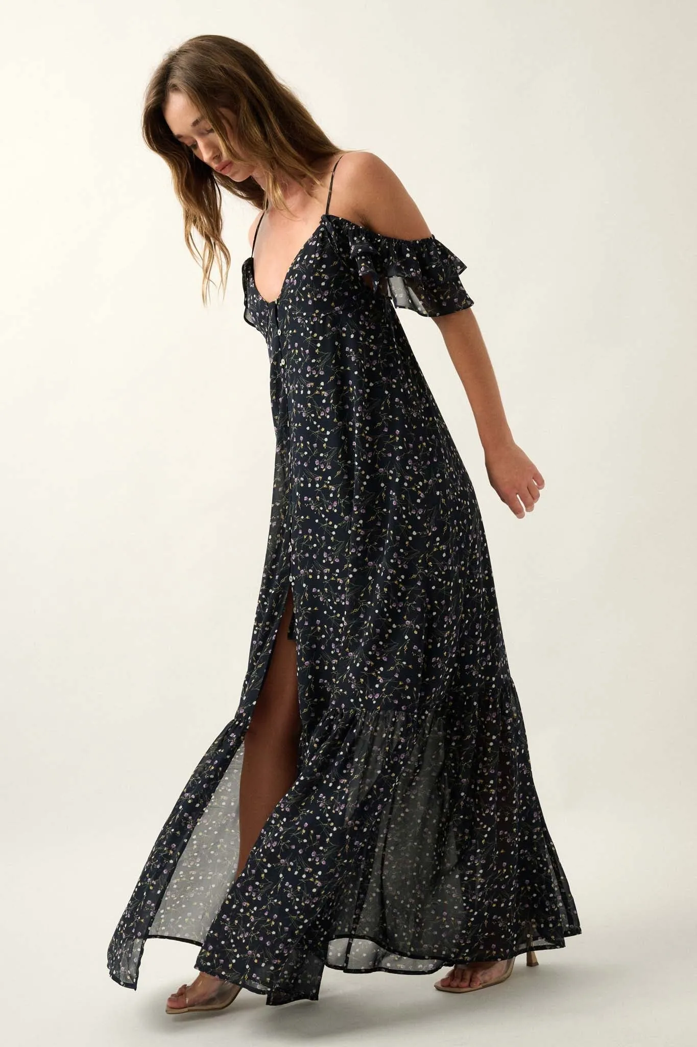 Floral Breeze Cold-Shoulder Button-Front Maxi Dress