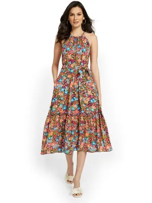 Floral-Print Tiered Halterneck Midi Dress