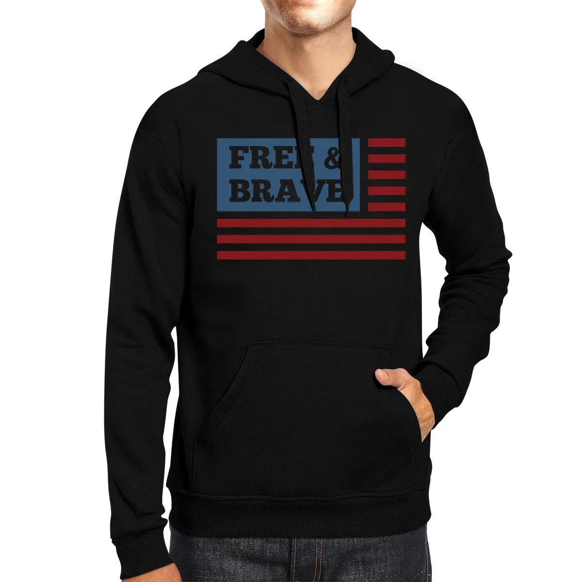 Free & Brave Us Flag Unisex Black Hoodie Round Neck Pullover Fleece