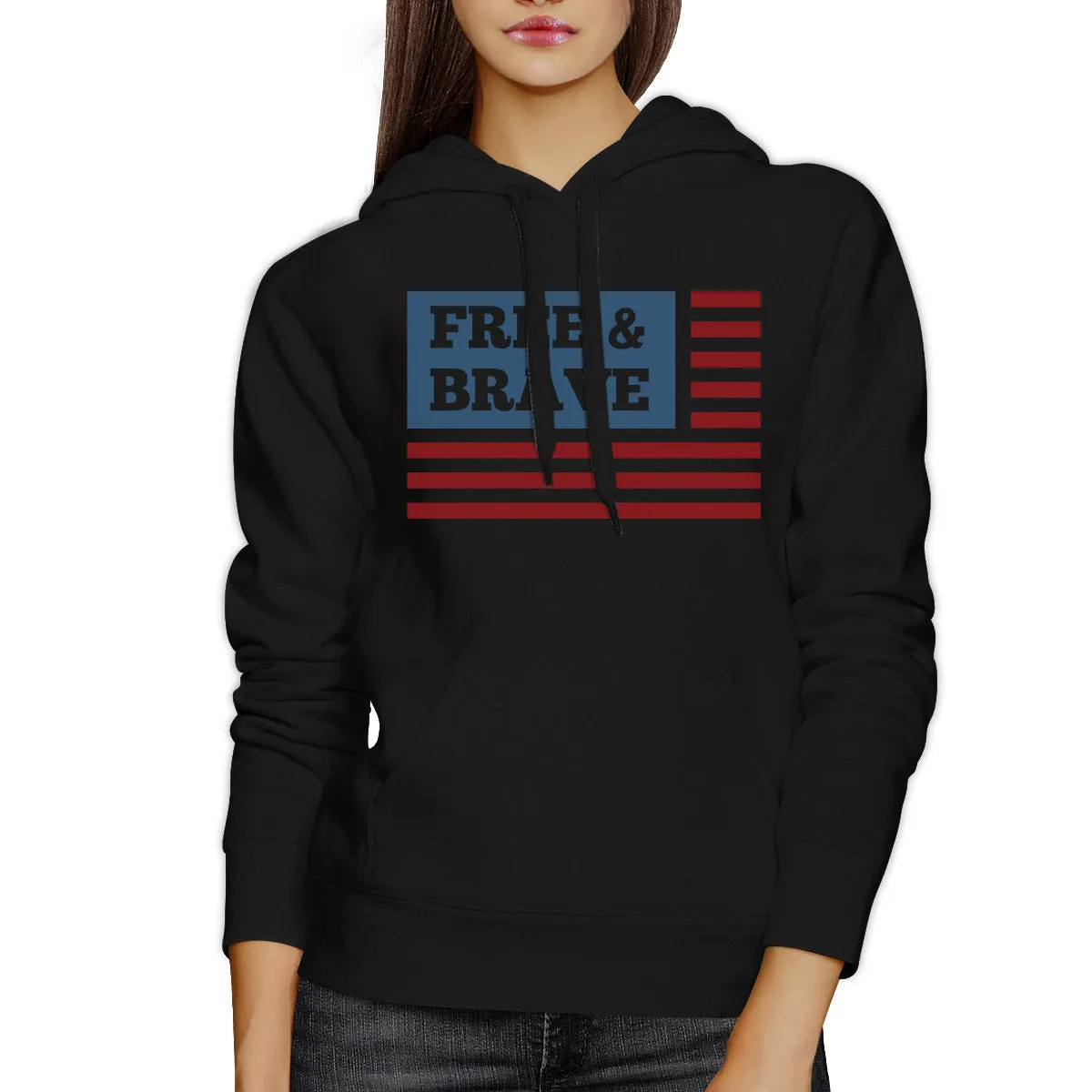 Free & Brave Us Flag Unisex Black Hoodie Round Neck Pullover Fleece