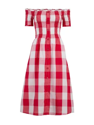 Gingham Smocked Off The Shoulder Dress