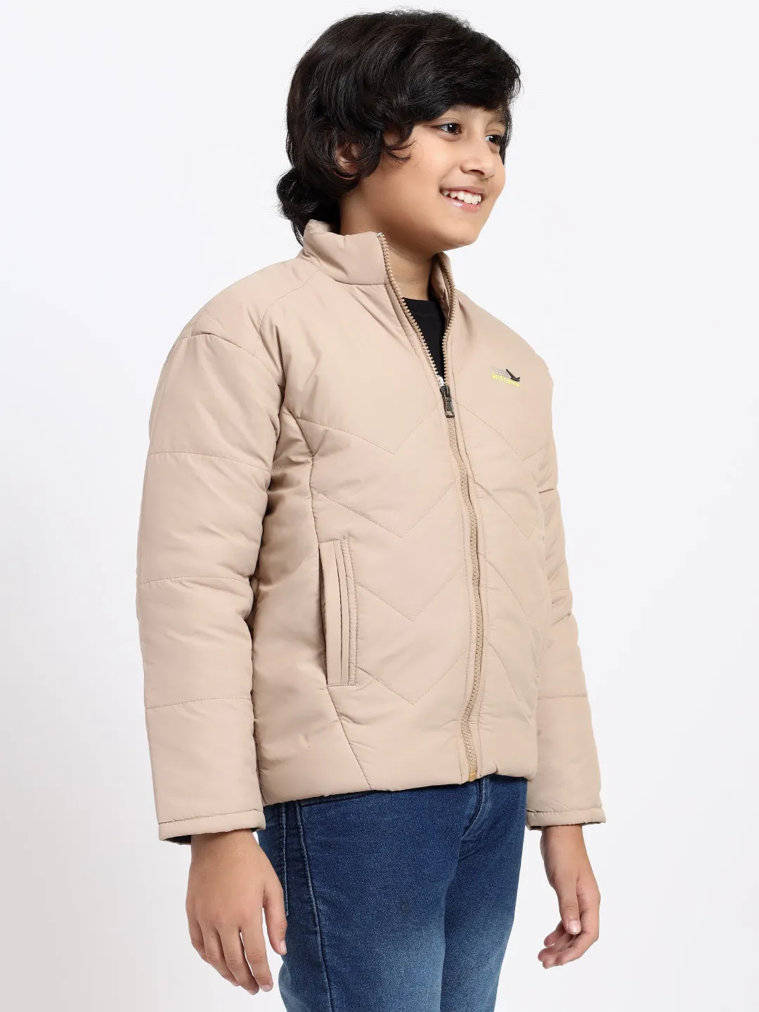 HiFlyers Boys Regular Fit | Polyster |Fluffy Full Sleeves |Quilted Insulation|High Neck Stand Collar|Zipper Jacket -Beige