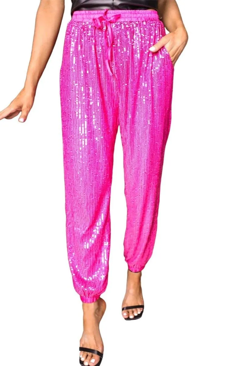 Hot Pink Electric Sequin High Rise Jogger