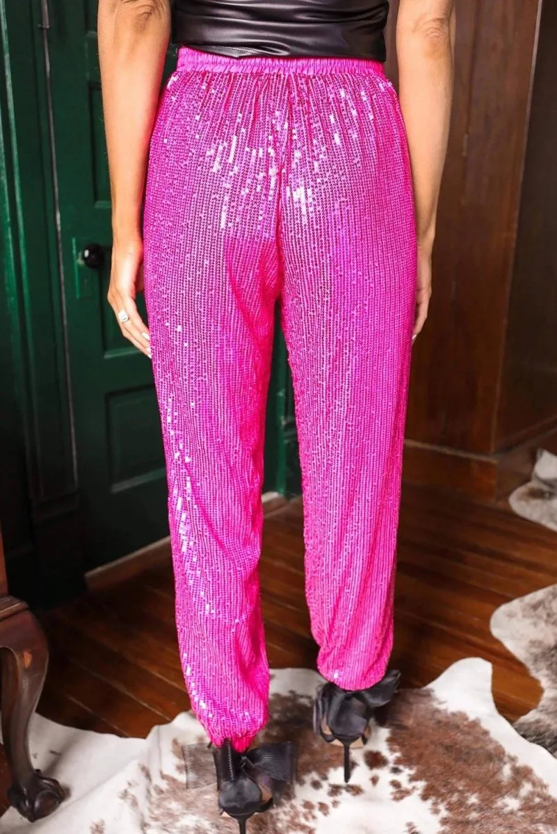 Hot Pink Electric Sequin High Rise Jogger