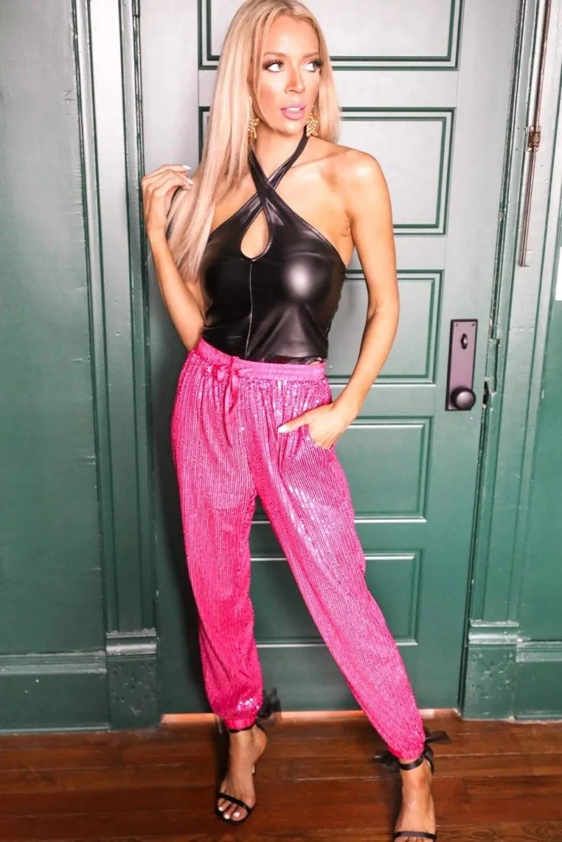 Hot Pink Electric Sequin High Rise Jogger