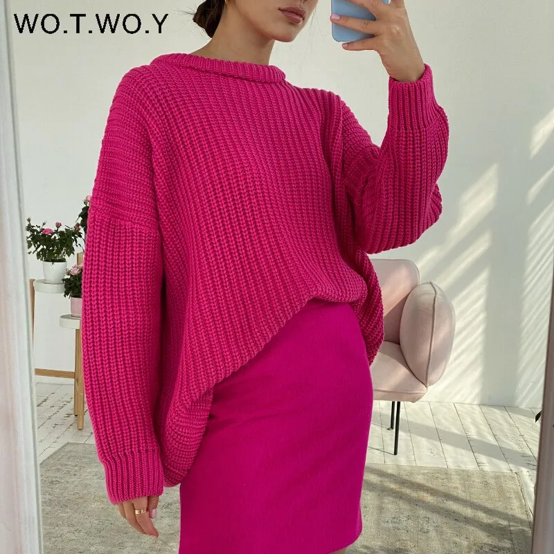 Joskaa Christmas Gift WOTWOY Oversized Knitted Sweater Women Autumn Winter Thick Solid Pullovers Female Cashmere Warm Jumper Casual Knitwear Tops 2024