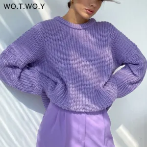 Joskaa Christmas Gift WOTWOY Oversized Knitted Sweater Women Autumn Winter Thick Solid Pullovers Female Cashmere Warm Jumper Casual Knitwear Tops 2024