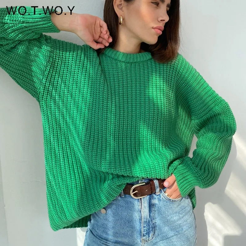 Joskaa Christmas Gift WOTWOY Oversized Knitted Sweater Women Autumn Winter Thick Solid Pullovers Female Cashmere Warm Jumper Casual Knitwear Tops 2024