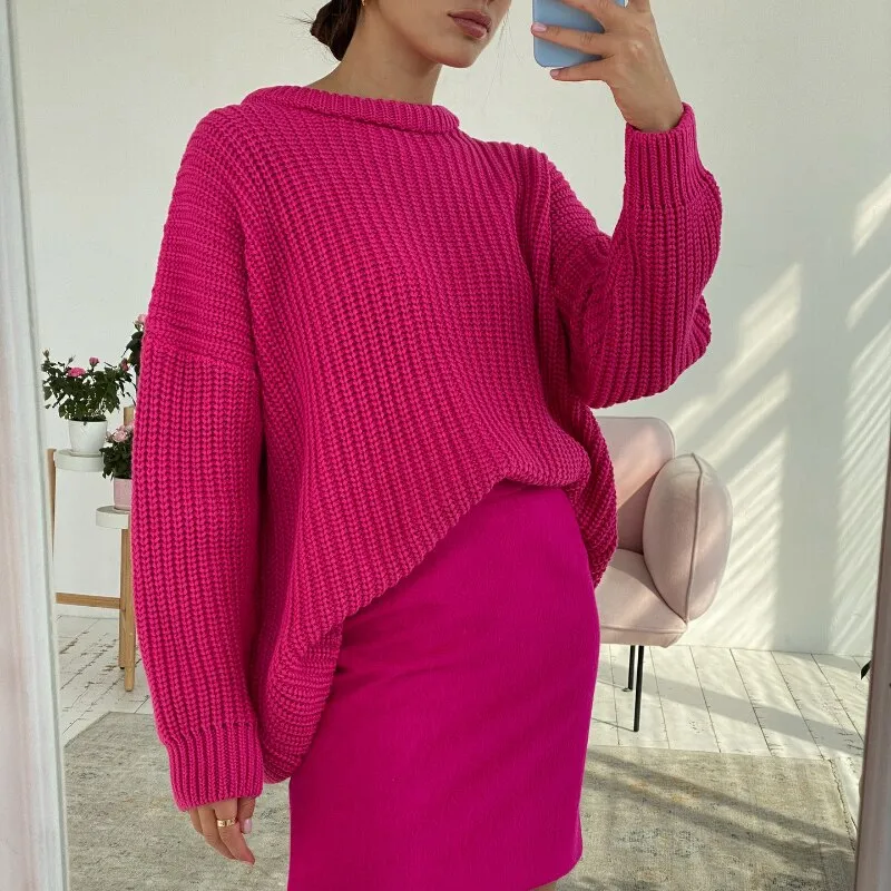 Joskaa Christmas Gift WOTWOY Oversized Knitted Sweater Women Autumn Winter Thick Solid Pullovers Female Cashmere Warm Jumper Casual Knitwear Tops 2024