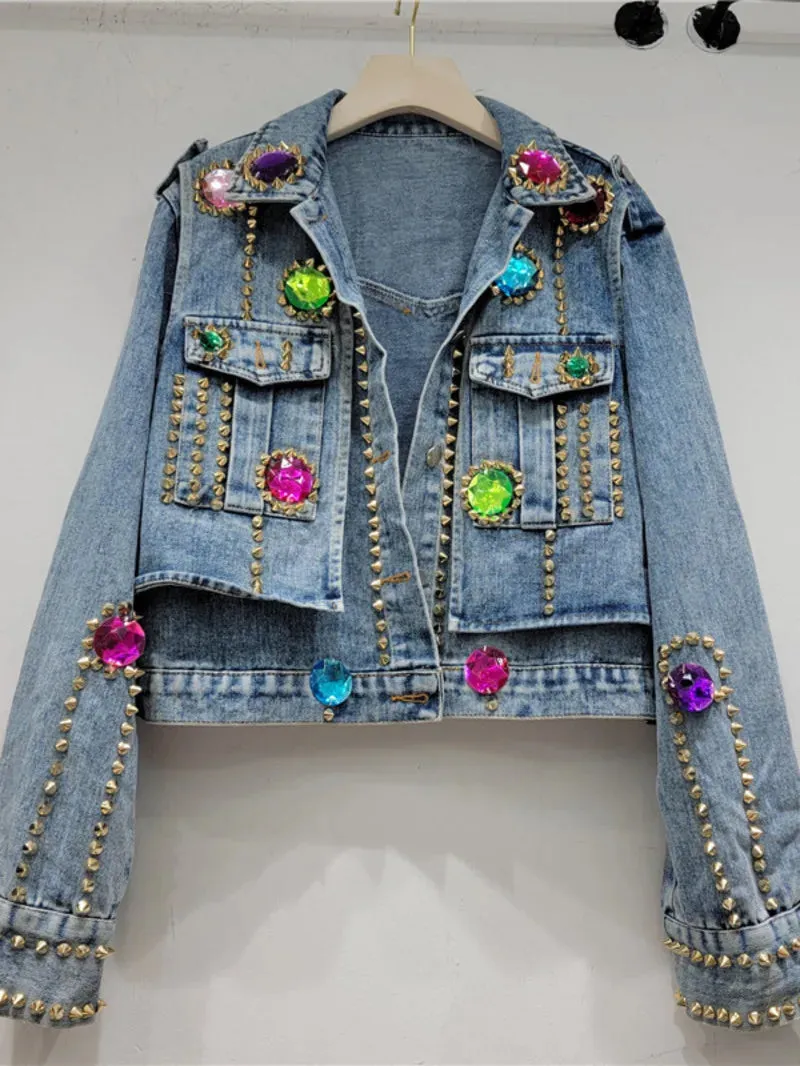 Kay's Handmade Design Rhinestone Beaded Slimming All-Matching Short Denim Jean Jacket (Trendy)