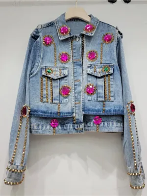 Kay's Handmade Design Rhinestone Beaded Slimming All-Matching Short Denim Jean Jacket (Trendy)