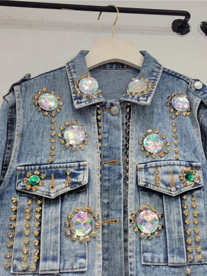 Kay's Handmade Design Rhinestone Beaded Slimming All-Matching Short Denim Jean Jacket (Trendy)