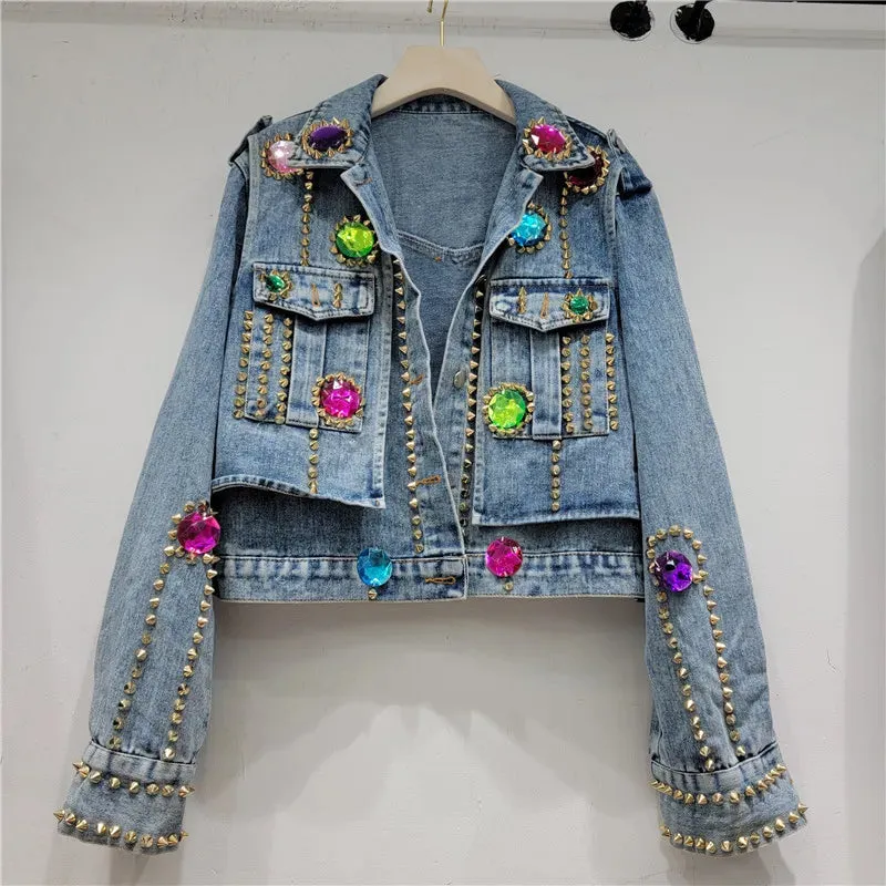 Kay's Handmade Design Rhinestone Beaded Slimming All-Matching Short Denim Jean Jacket (Trendy)