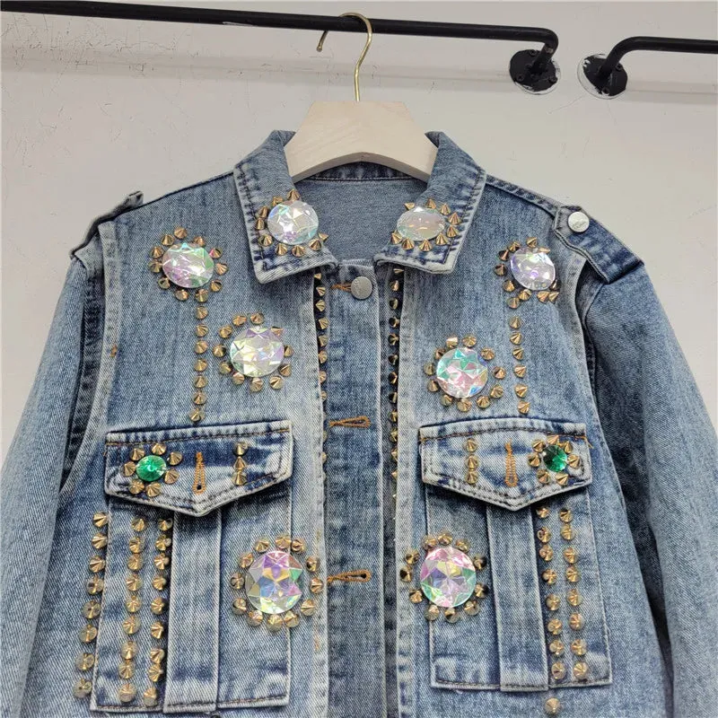 Kay's Handmade Design Rhinestone Beaded Slimming All-Matching Short Denim Jean Jacket (Trendy)