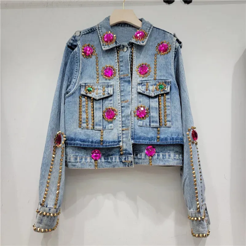 Kay's Handmade Design Rhinestone Beaded Slimming All-Matching Short Denim Jean Jacket (Trendy)