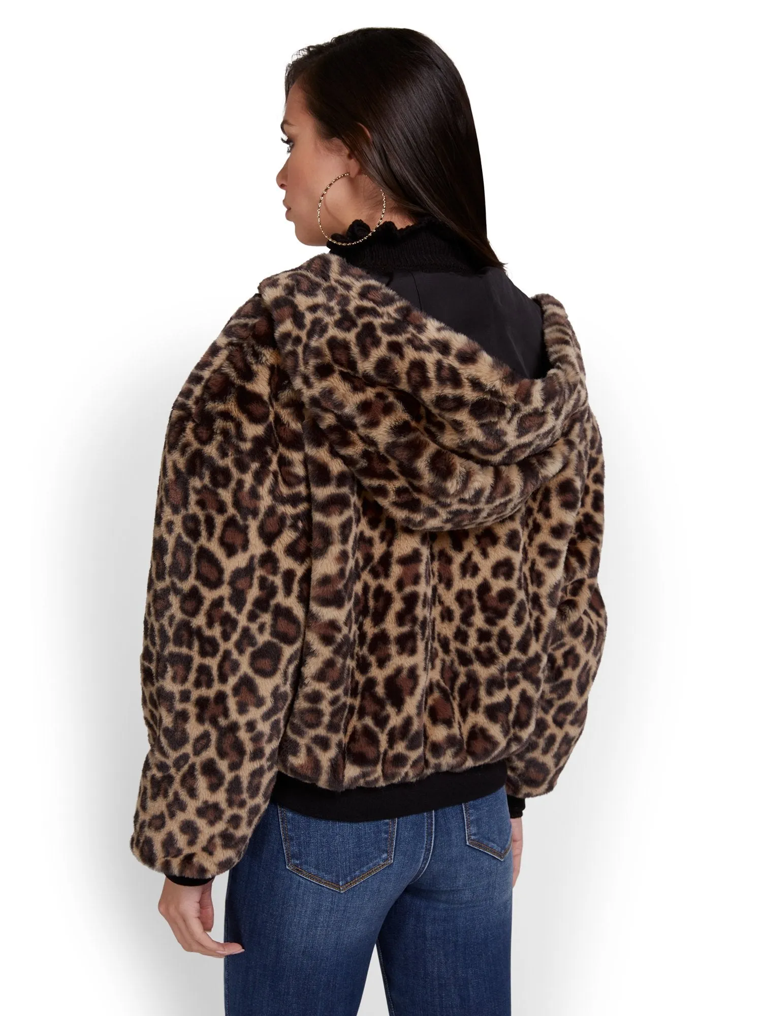 Leopard-Print Reversible Hooded Faux-Fur Jacket