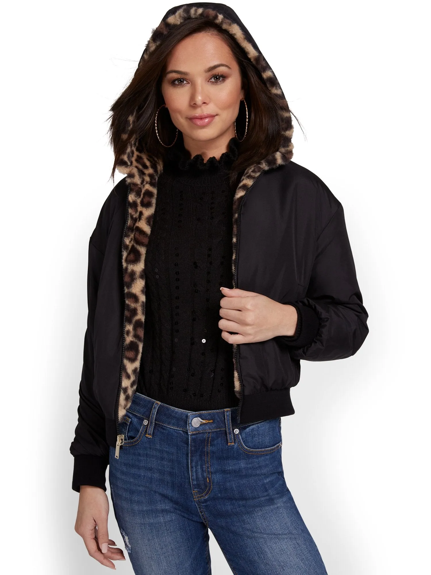 Leopard-Print Reversible Hooded Faux-Fur Jacket