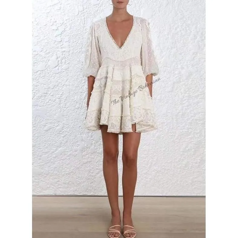 Luna Embroidery Crochet White Linen Dress