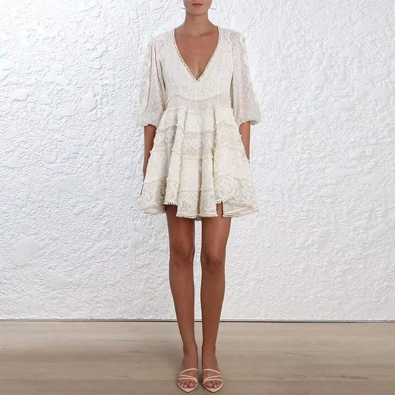 Luna Embroidery Crochet White Linen Dress