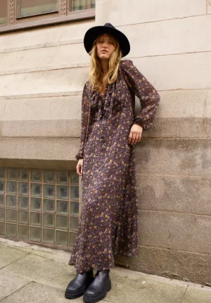 Margot Ruffle Neck Aster Print Maxi Dress In Brown