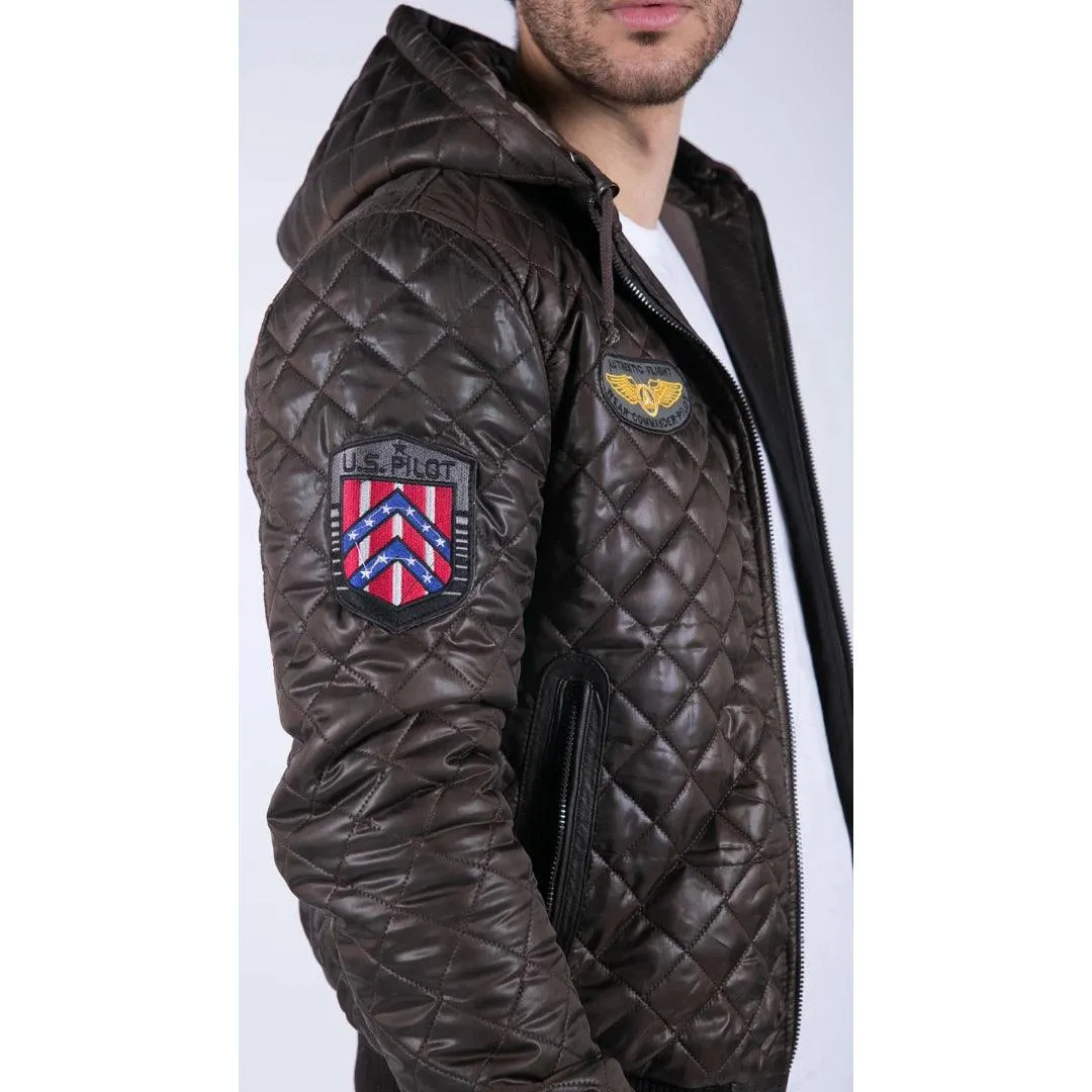 Mens Quilted Hooded Puffer Jacket Brown Badge Bomber Pilot Air Force