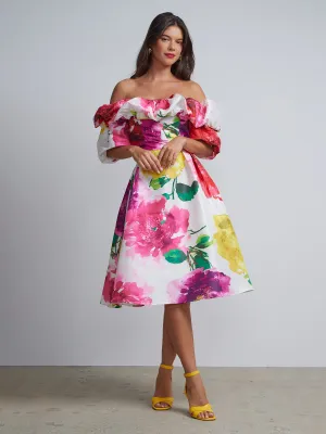 Petite Floral-Print Off-The-Shoulder Flare Dress