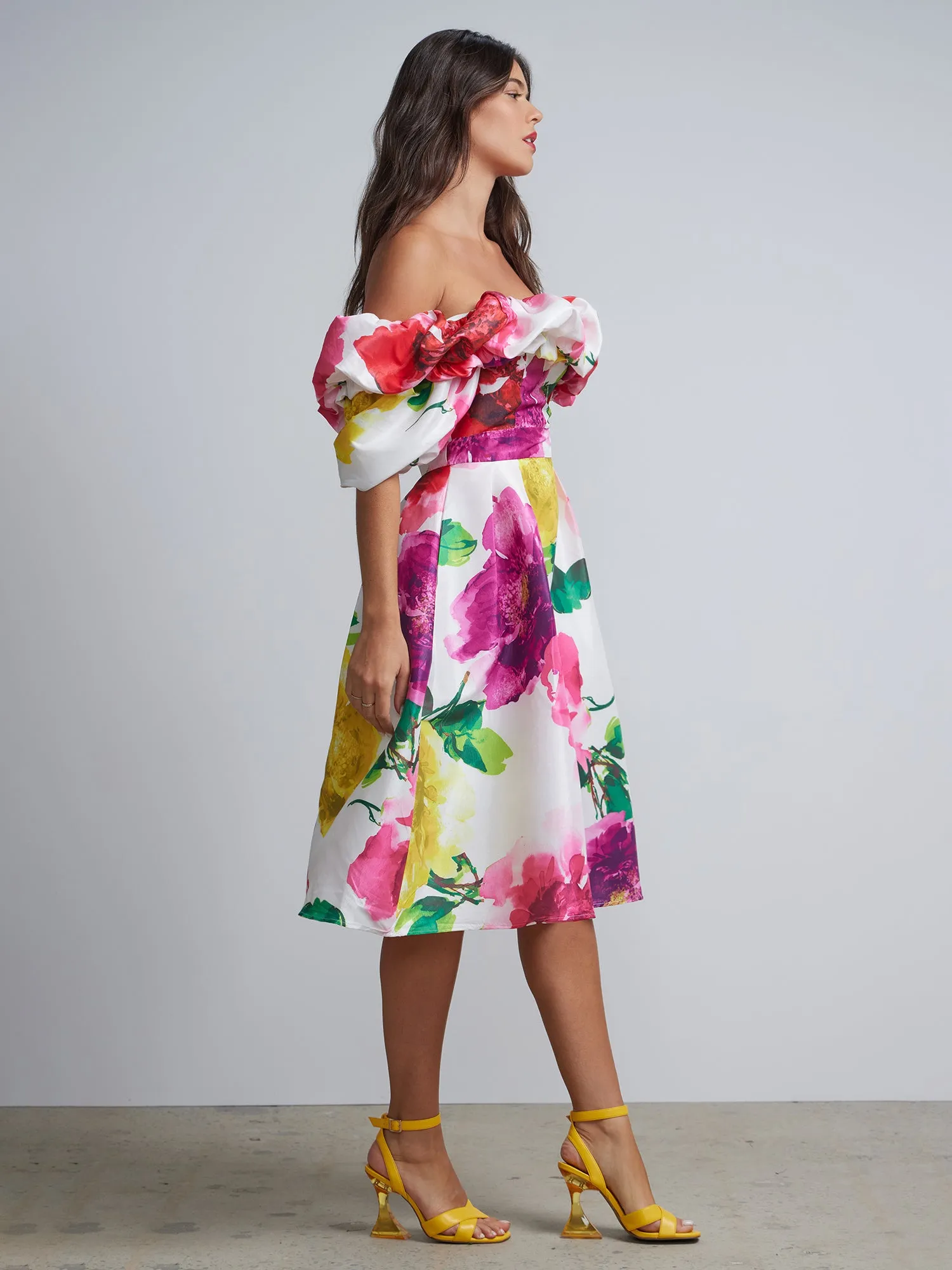 Petite Floral-Print Off-The-Shoulder Flare Dress