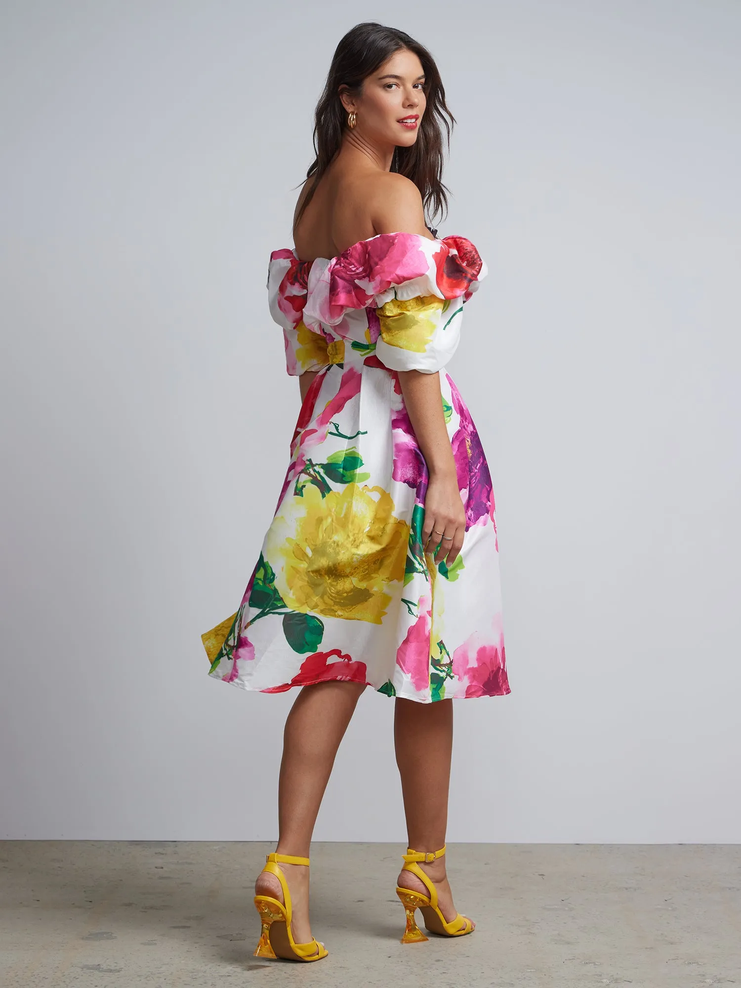 Petite Floral-Print Off-The-Shoulder Flare Dress