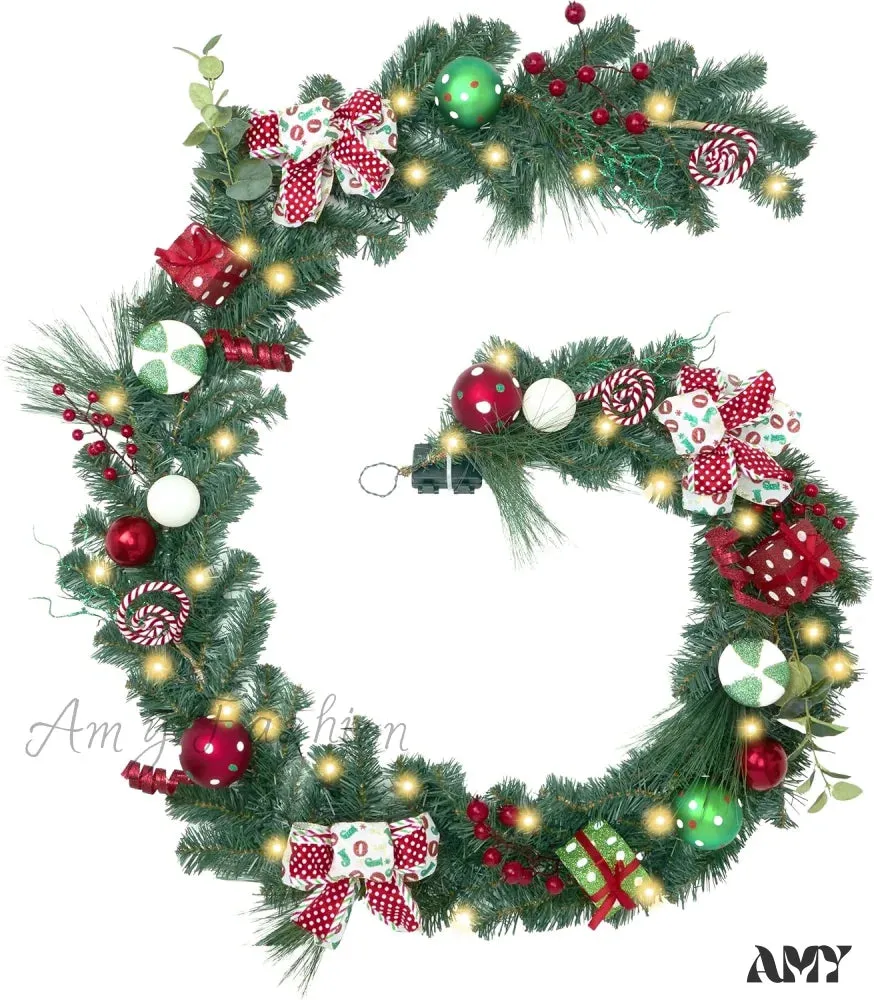 Pre-Lit Christmas Garland with Lights for Mantle - Battery Operated Xmas Garland with Red Green White Balls - Indoor/Outdoor Decor