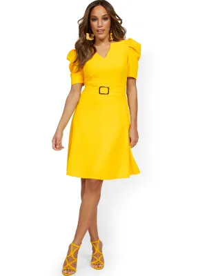 Puff-Sleeve Buckle Flare Dress - Magic Crepe®