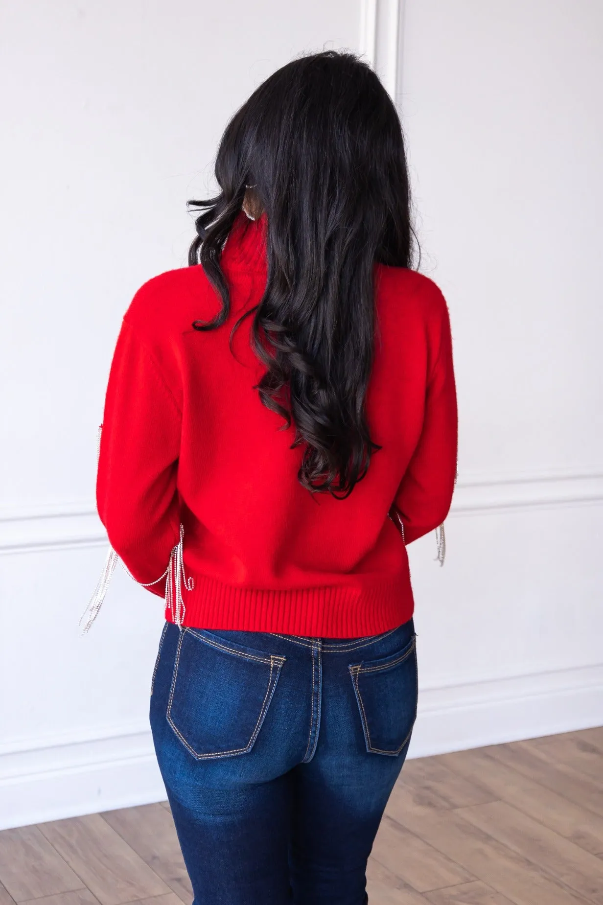 Red Ornaments Sweater with Fringe Sleeves