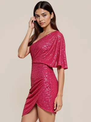 Sequin One-Shoulder Tulip Mini Skirt Dress