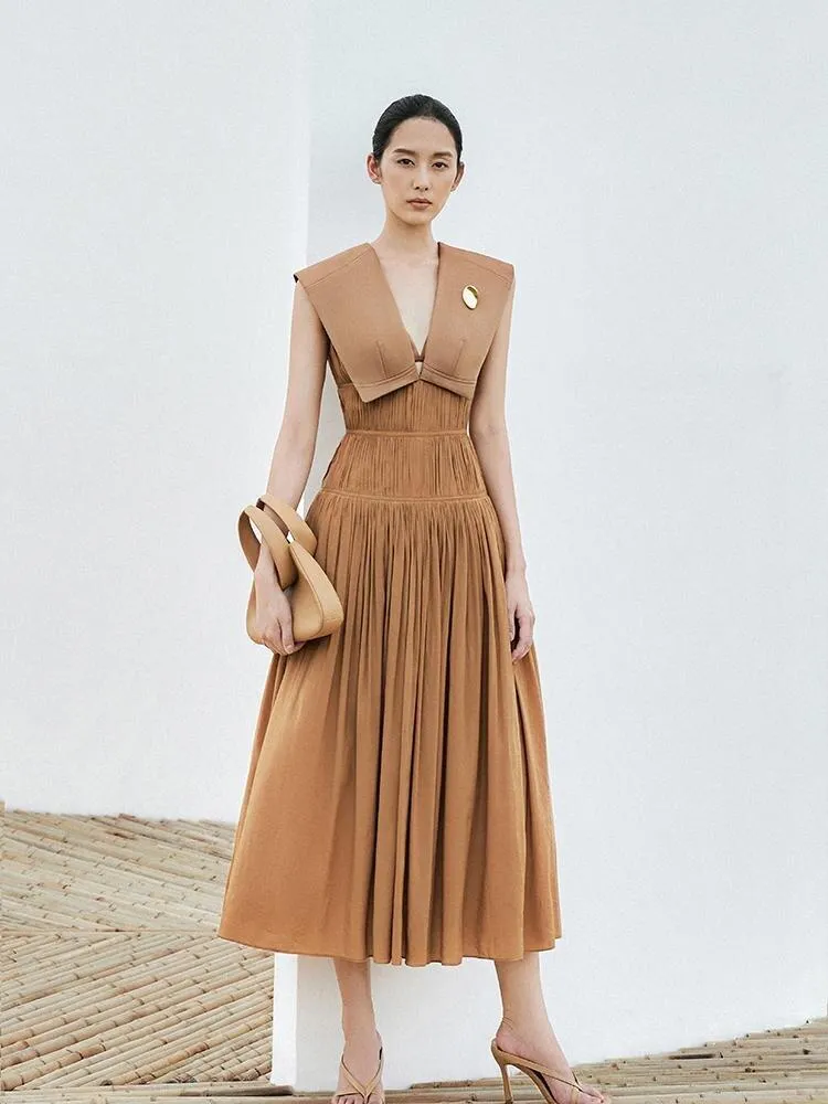 Shawl collar sleeveless elastic deep v neck pleated waist drape brown dress - Harp