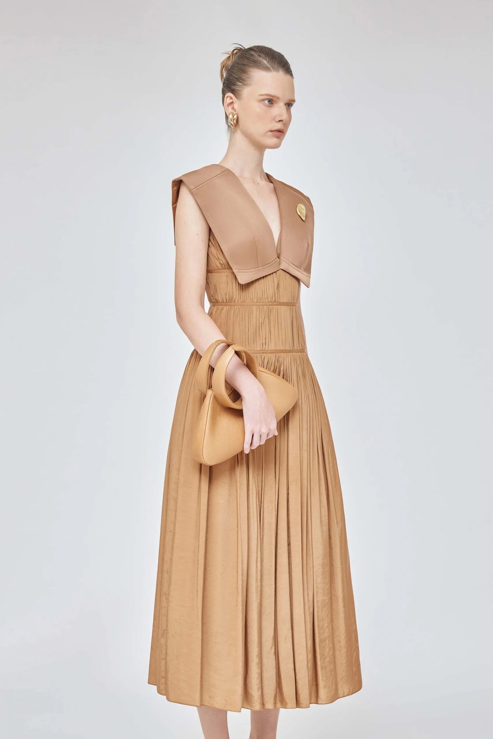 Shawl collar sleeveless elastic deep v neck pleated waist drape brown dress - Harp