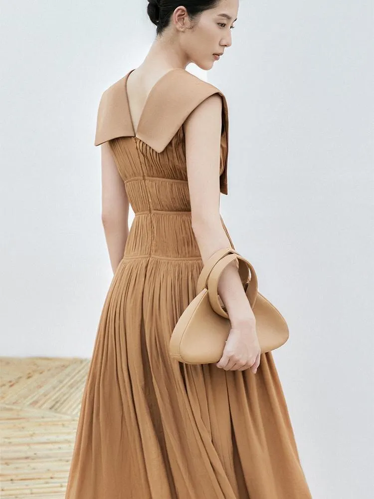 Shawl collar sleeveless elastic deep v neck pleated waist drape brown dress - Harp